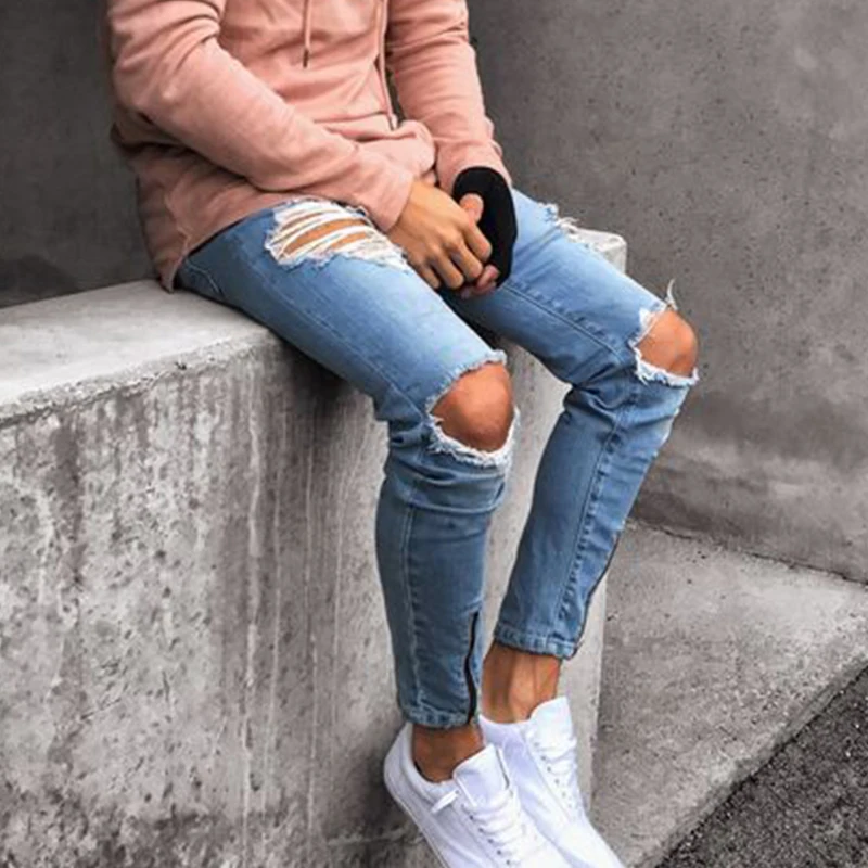 

2020 Men's Fashion Jeans Ripped Zipper Blue Trousers Ropa De Hombre Pocket Jogger Pants Mens Jeans Male Pants Men Clothing