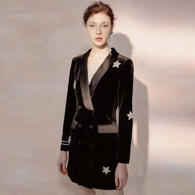 Осень 2019 Новое поступление черные бархатные женские пальто однобортные тонкие