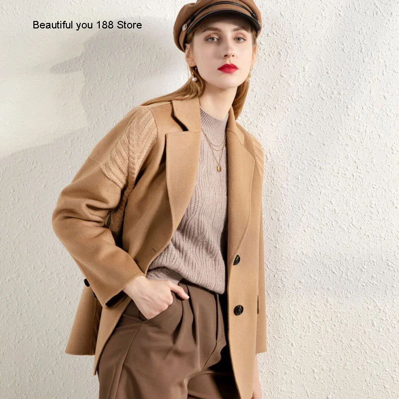 

European double-sided cashmere coat knitted splicing autumn winter 2020 new small short suit woolen coat