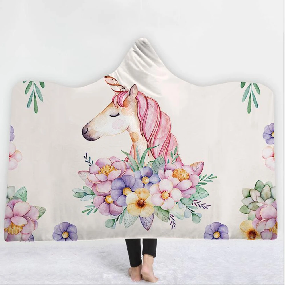 

Плюшевое одеяло с капюшоном и 3D-принтом в виде единорога с цветочным рисунком, теплое Флисовое одеяло для взрослых, молодых детей, для дома, ...