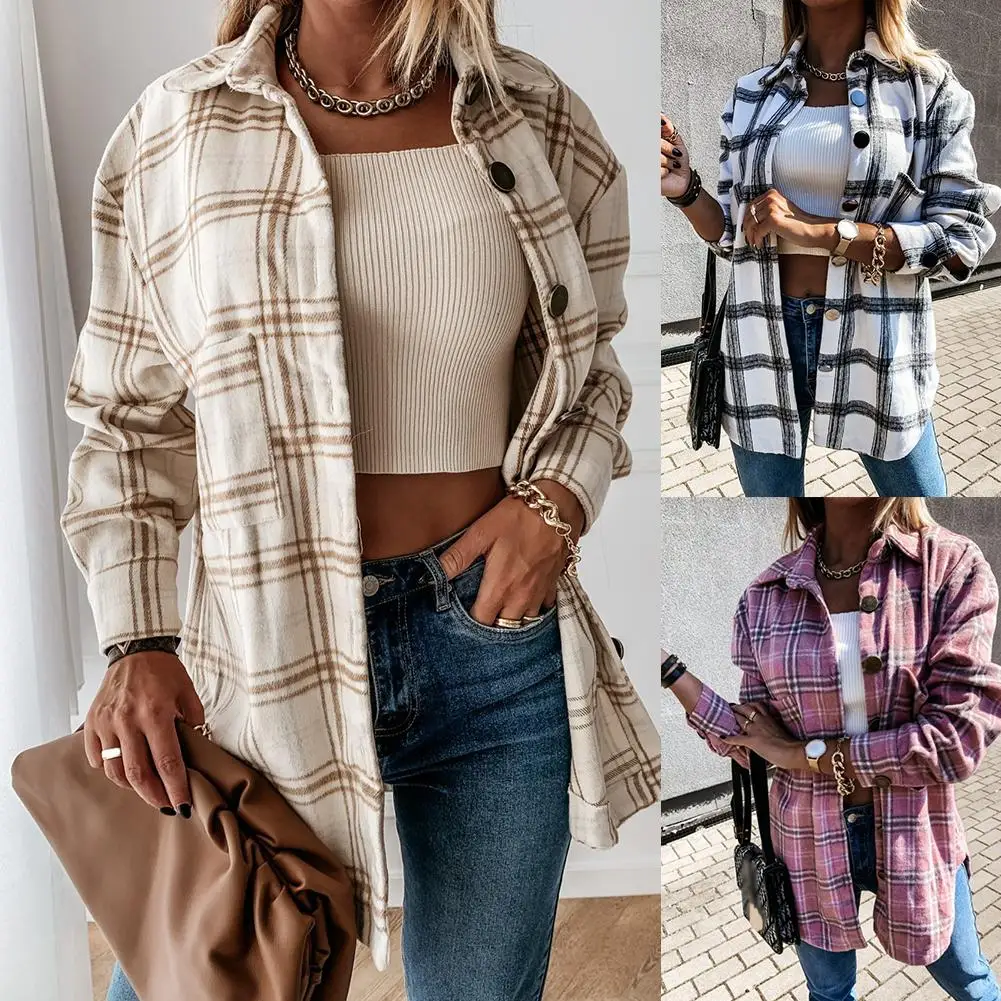 

Autumn winter plaid jacket and coat Fashion button long sleeve coat casual office warm outwear oversized ladies jackets plus siz