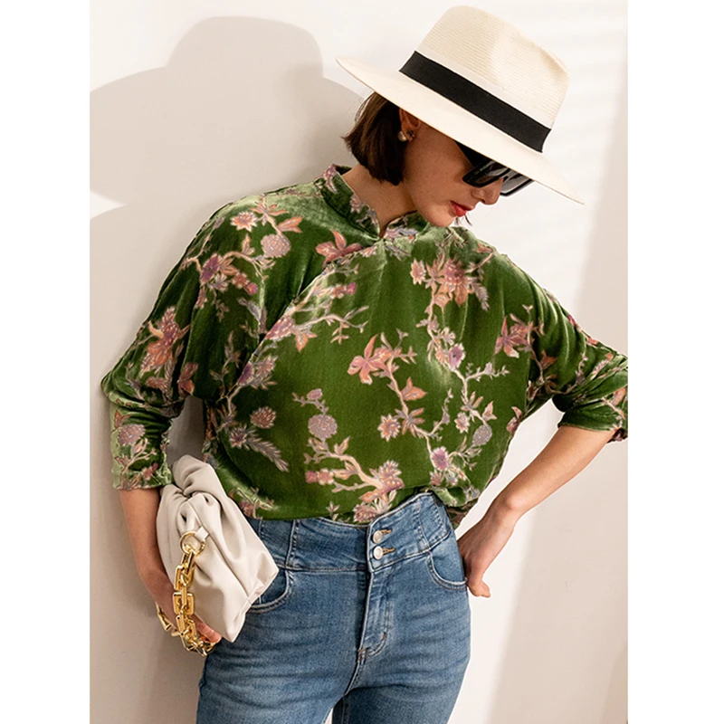 

Blouse Women Elegant Style 100% Silk Velvet Printed Stand Collar Raglan Long Sleeves Belt High Quality Ladies Shirt New Fashion
