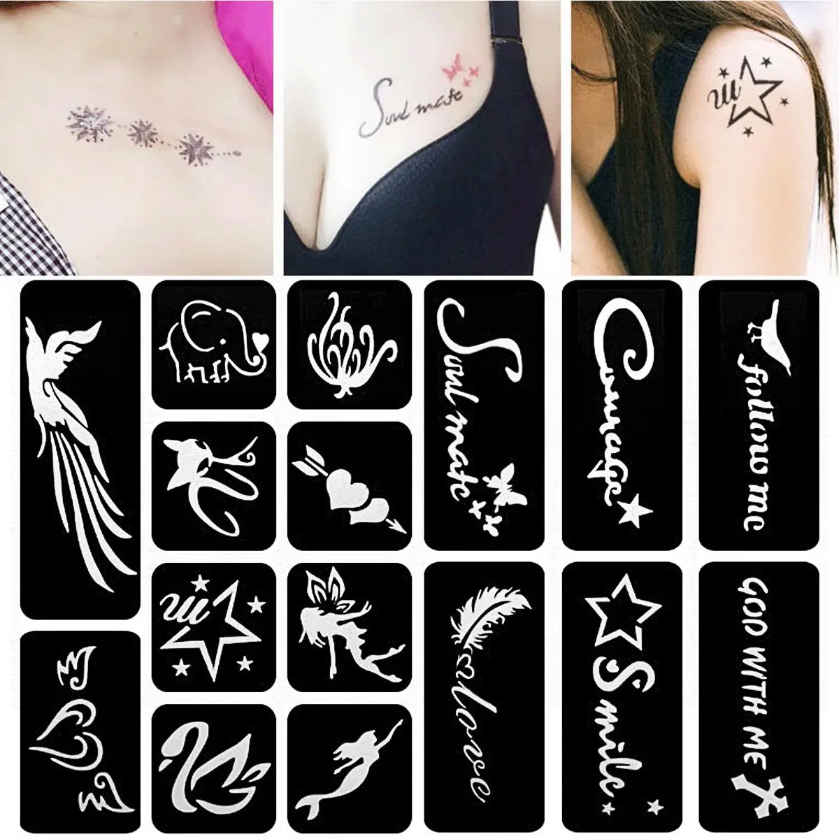 

Temporary Tattoo Stencils 118 Patterns Henna Glitter Airbrush Painting Insect Flower Letter Sexy Women Body Art Tattoo Templates