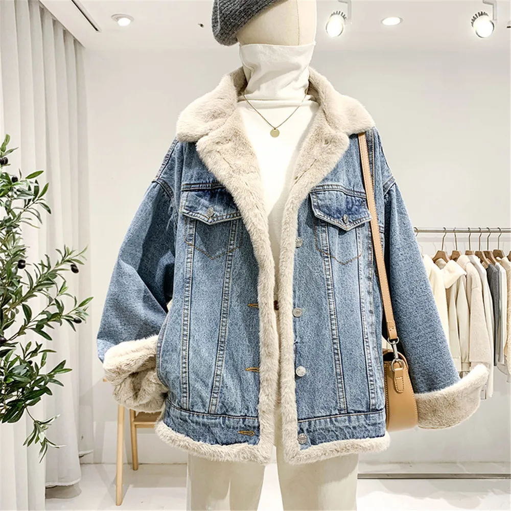 

Lamb Wool Denim Jacket Female Plus Velvet Thickening Furry Casual Cotton Outwear Loose Winter Coat Women Parka Mujer Invierno