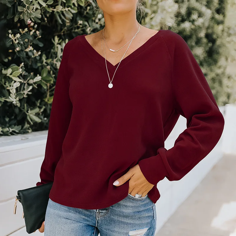 

Women Autumn Blouse Sexy American Style V-Neck Long Sleeve Backless Shirts Drawstring Casual Loose Solid Pullover Blouse Ladies