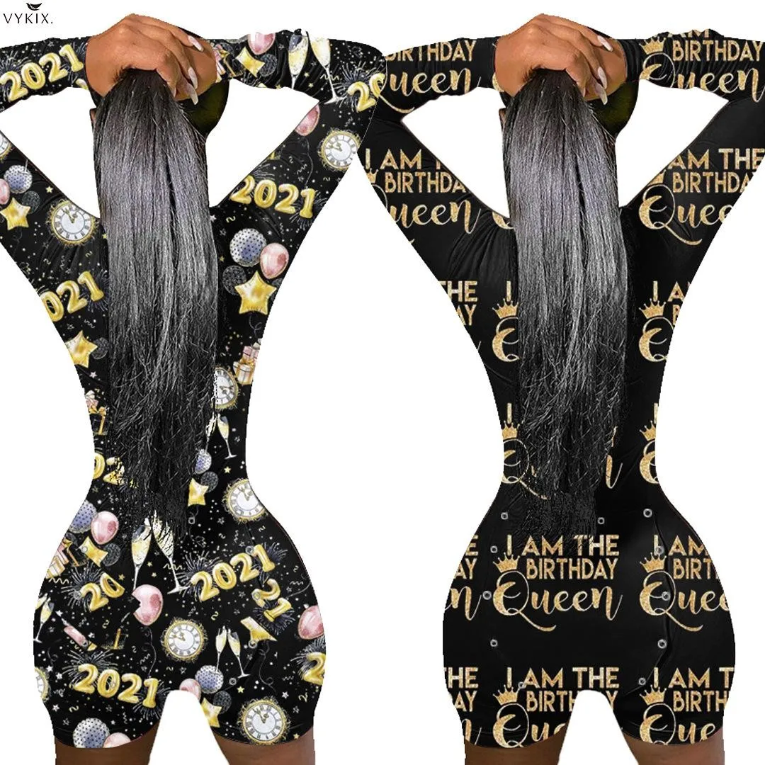

2021 Long Sleeve V-neck Bodycon Bodysuits Jumpsuits New Year Print One Piece Overalls Active Back Open Womens Rompers Playsuits