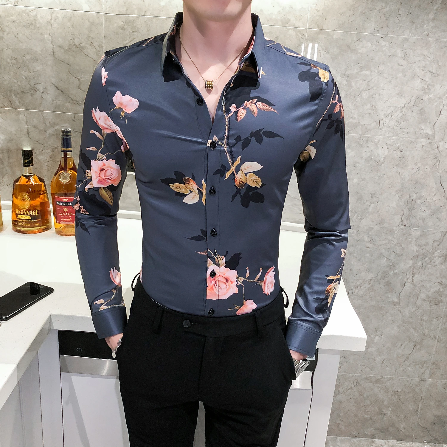 Рубашка мужская с длинным рукавом элегантная блуза цветочным принтом роз