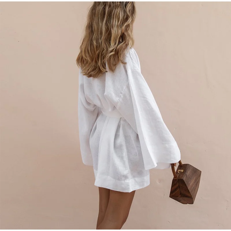 

Summer belted women's V-neck loose kimono, minidress with open front, cotton linen long-sleeved belt dress