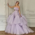 Красивого сиреневого Бальные платья без бретелек Тюль многоуровневыми оборками Сладкий 16 платье 2021 бальное платье для выпускного вечера платья элегантные вечерние