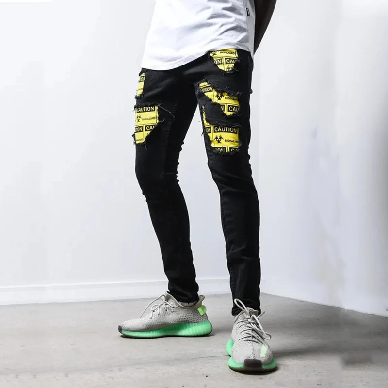 2021 New Mens Jeans Youth Hole Slim Fit Patch Fashion Print Pencil Pants Mens Long Denim Pants Trend Plus Size Men Clothing
