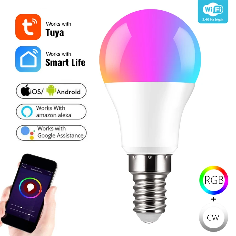 

1-4pcs E14 6W Tuya WiFi Voice Control RGB Energy Saving Dimming LED Bulb Multicolor Smart Light Bulbs For HomeKit 2700K-6500K