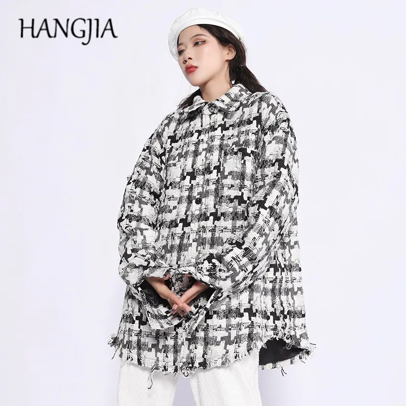 

Retro Destroyed Knit Tartan Jacket for Women Harajuku Korean Ruffian Handsome Fried Street Wear Casual Plaid Jackets Coats Men