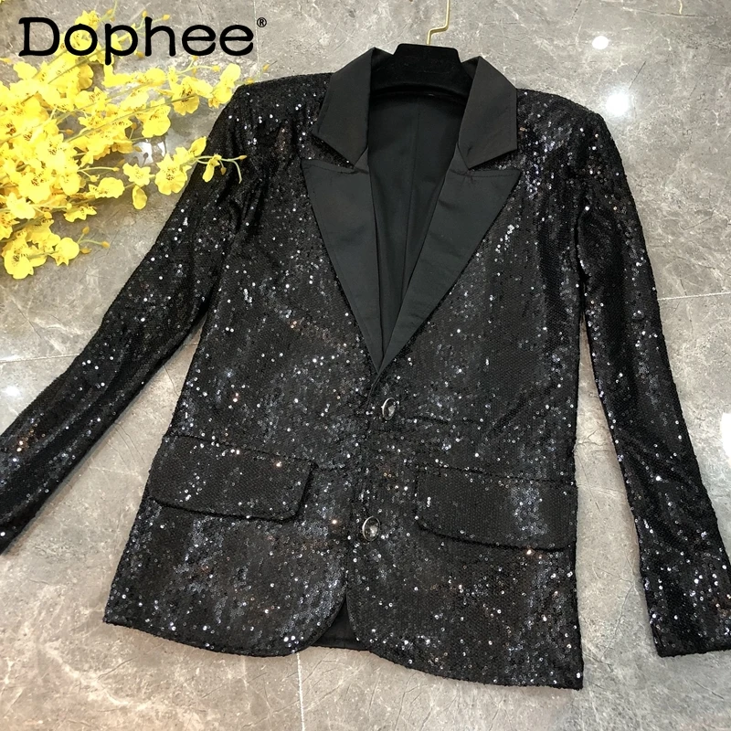 

2021 Spring Autumn New Women's Slim Fit Black with Turn-down Collar Sequined Small Suit Ladies Jacket Coat Office Blazer Tops