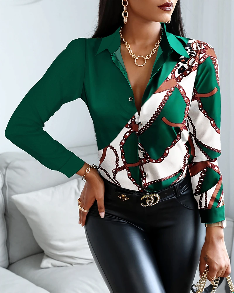 

2021 Women Fashion Shirt Lady Long Sleeve Blouse Turn-down Scarf Print Green Colorblock Button-up Top