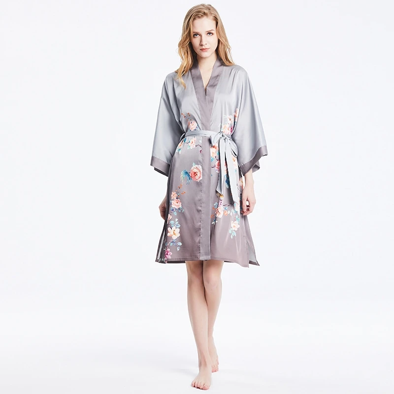 

Women's Simplicity Pajamas Robes Silk Robes Hot Grey Print Kimono Bathrobe Sleepwear One Size