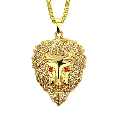 gold Мужская подвеска, стразы, голова льва, ожерелье, со льдом, кристалл, животное, колье, Homme, хип-хоп, украшение на шею - Окраска металла: gold