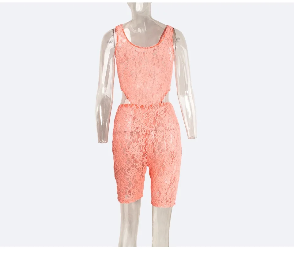 

Club Outfits Women Summer 2020 Sexy Lace Bodysuit and Shorts Set Ensemble Femme 2 Pieces Conjunto Mujer Mesh Pink Matching Sets