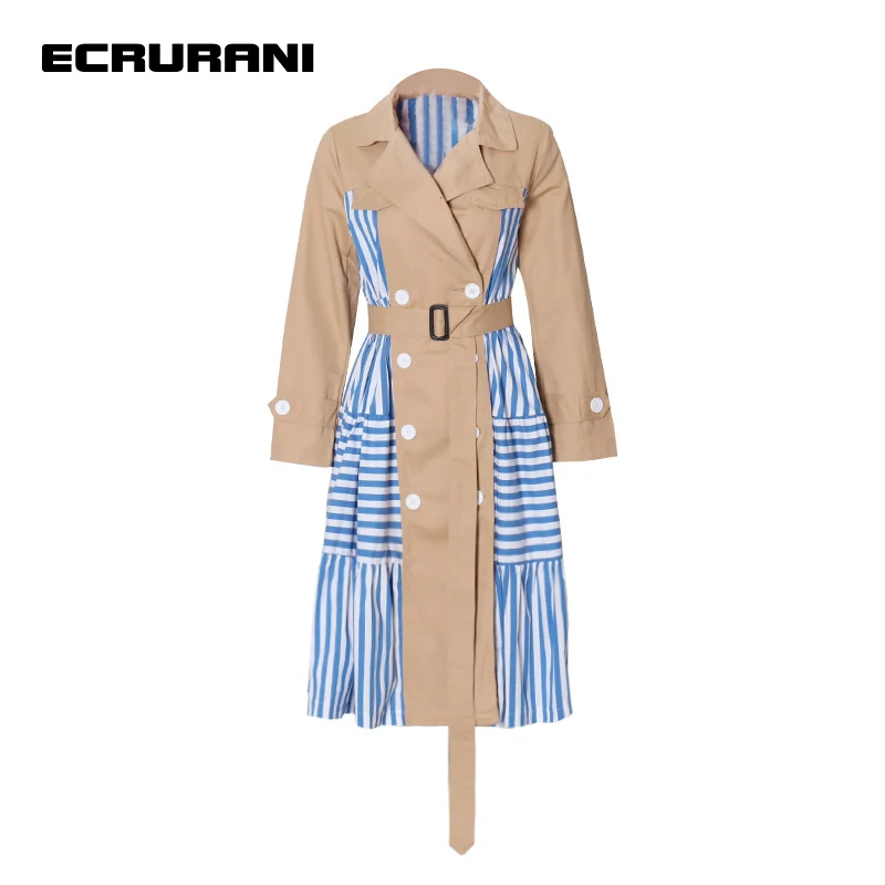 

ECRURANI элегантная ветровка в полоску популярного цвета для женщин с лацканами с длинным рукавом лоскутное шнуровка повседневное пальто женс...