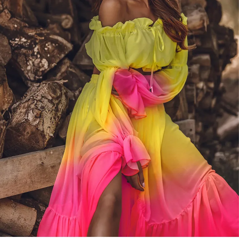 

2022 Women Beach 2pcs Bikini Cover-Ups Swimsuit Off Shoulder Top+ High Waist Dresss Sexy Ladies Swimming Cover Up Bathing Suit
