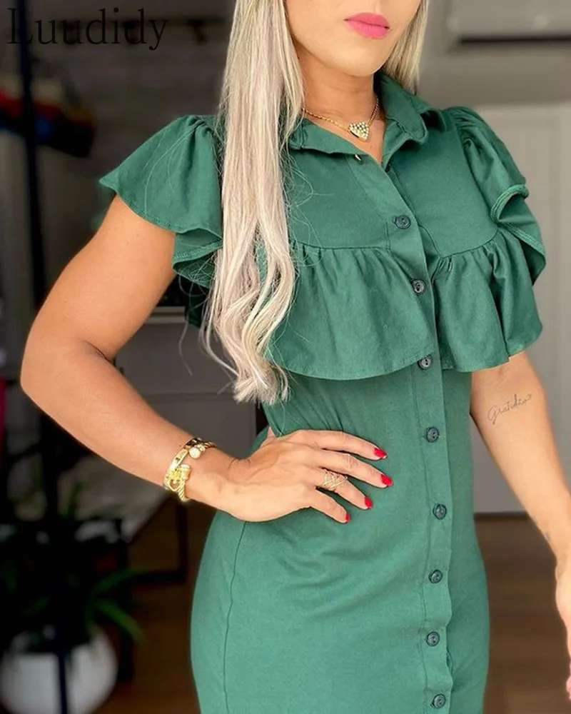 

Women Solid Color Ruffle Hem Patchwork Single Breasted Mini Dress