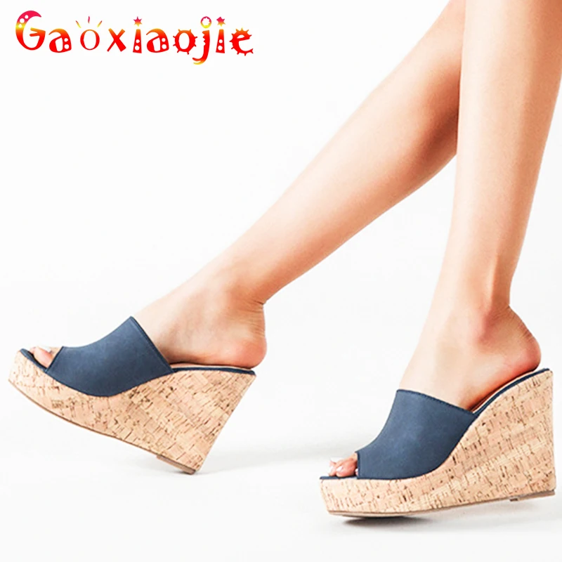 

Multicolor Waterproof Beach Sandals Open Toe One Word Women Slippers Summer New Sexy Party Wedges Wood Grain Bottom Women Shoes