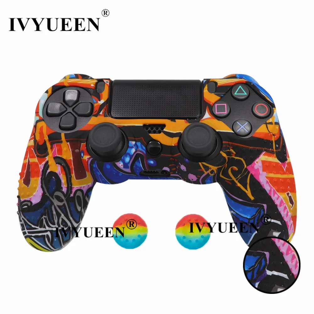 Graffiti B IVYUEEN 25 Colors For PlayStation 4 PS4 Pro Slim Controller Silicone Protective Skin Case Cover Thumb Grip Caps for Dualshock 4 - Цвет: Graffiti B
