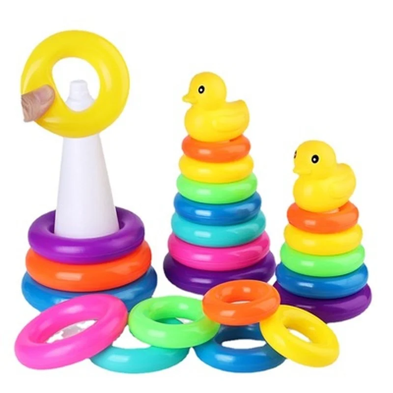 1Pc Children's Little Yellow Duck Jenga Rainbow Tower Stacking Circle Baby Early Childhood Education Puzzle Ring Toy Kids Toys | Игрушки