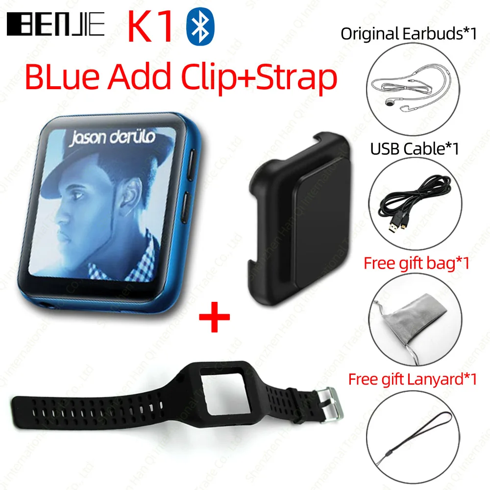 Blue With Strap BENJIE K1 полный сенсорный экран Bluetooth MP3 плеер с fm-радио, рекордер, электронная книга портативный аудио 8 Гб 16 Гб мини клип музыкальный плеер - Цвет: Blue With Strap