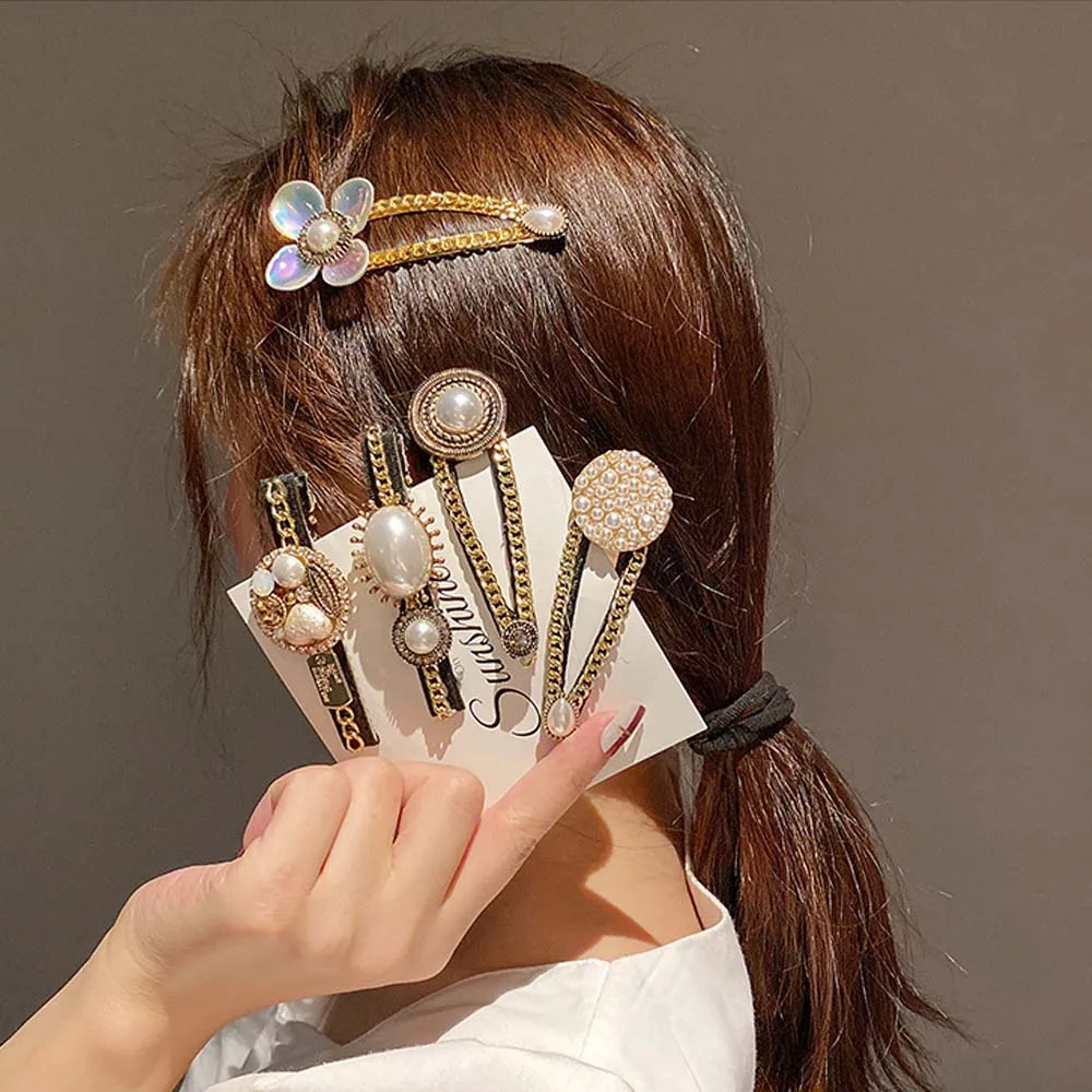 Заколка для волос женская черная корейский стиль цепочка с жемчугом и стразами |