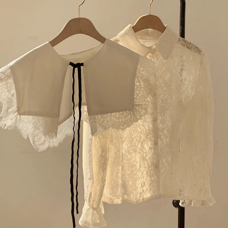 

GALCAUR Apricot Blouse For Women Sailor Collar Flare Sleeve Patchwork Lace Hollow Out Designer Bowknot Sweet Shirts Female 2020