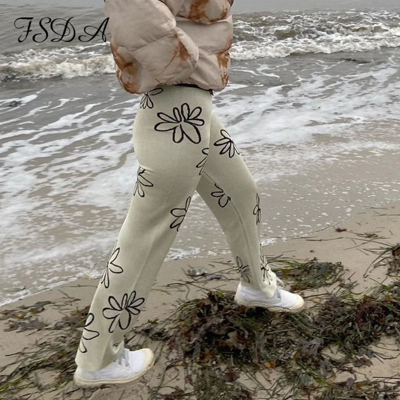 

Женские весенние повседневные длинные брюки, эластичные свободные прямые брюки с цветочным принтом и высокой талией для девочек, брюки для ...