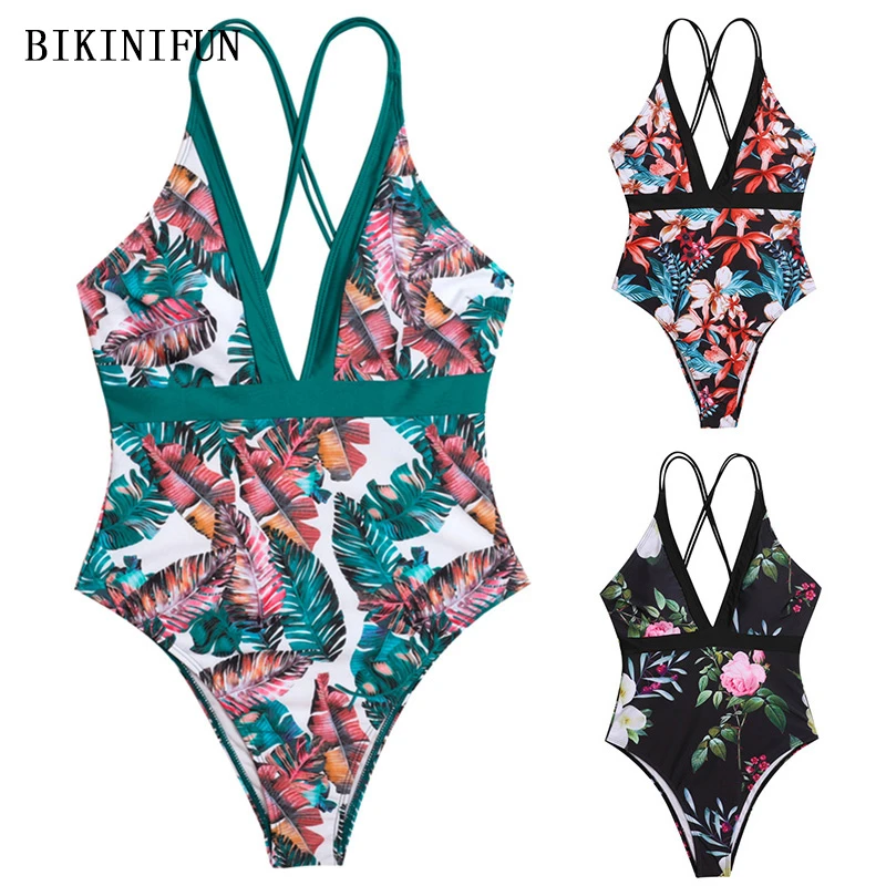 

2020 New Leaves Print Swimsuit Women Floral Patchwork Monokini Deep V Bathing Suit S-XL Girl Cross Back Swimwear One Piece Suit