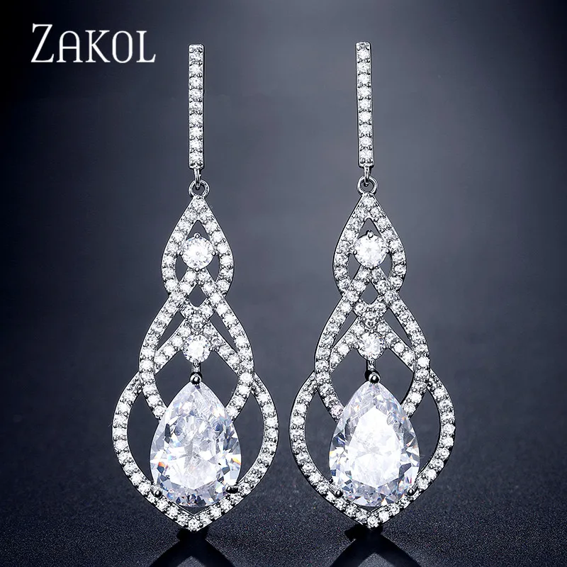 Роскошные блестящие серьги подвески ZAKOL с фианитами для невесты украшения