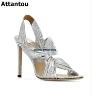 silvery yellow knot slip on strip thin high heel sandals woman summer cross band party dress shoes women sliver nude