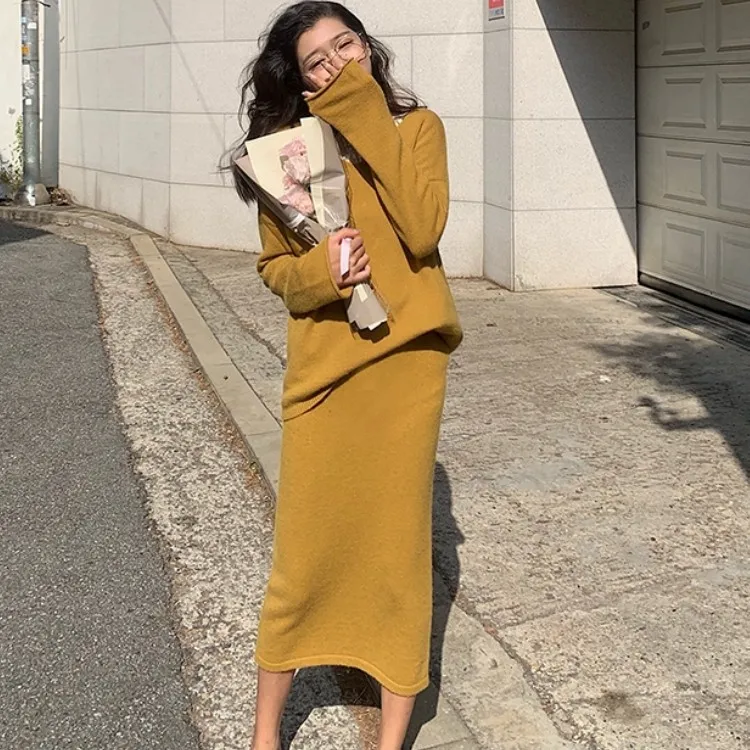 Осенняя Женский комплект 2 шт. повседневный вязаный свободный свитер с v образным