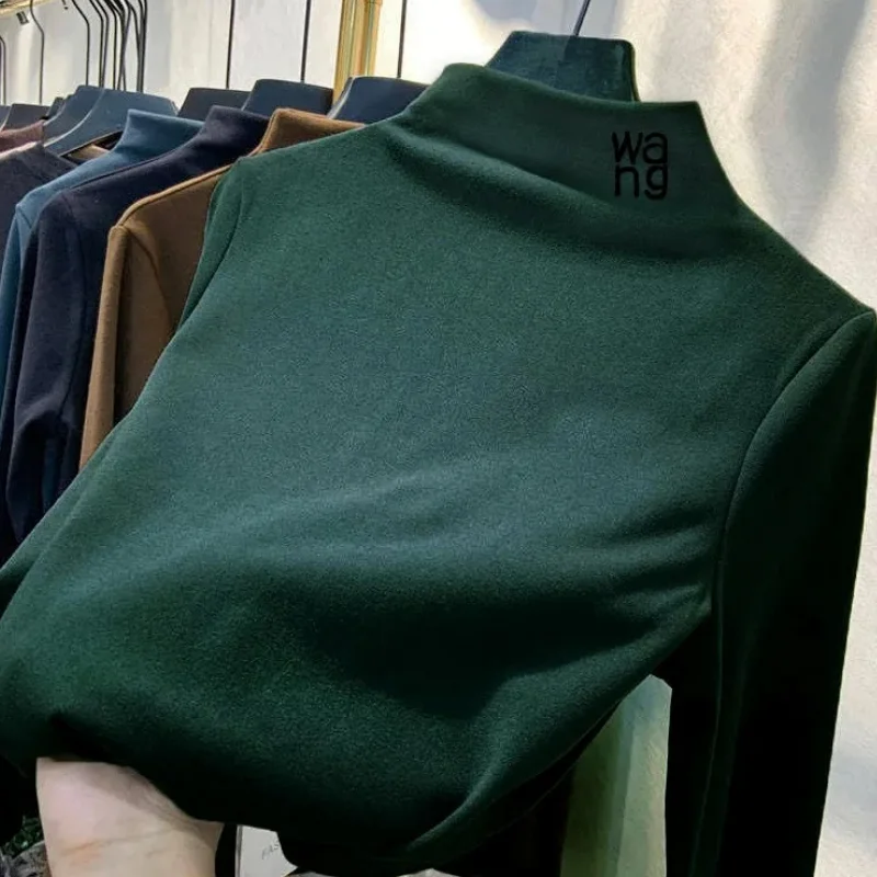 

Autumn Winter Women Tee Warm Elasticity Long-sleeved Embroidery Letter Bottoming Shirt Half High Collar Fashion Casual Slim Top