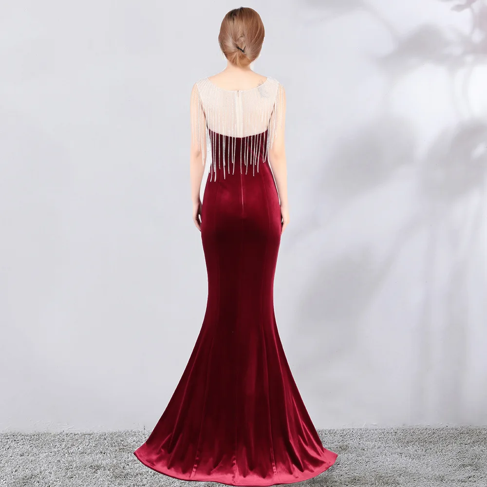 

Robe De Soiree Burgundy Velvet Mermaid Evening Dress Elegant Vestido De Festa Prom Gown Tassel Beading Evening Dresses Long
