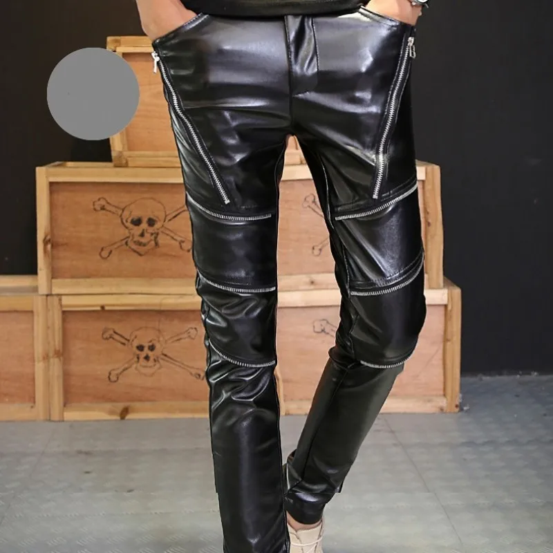 

New Fashion PU Faux Leather Mens Motorcycle Zipper Punk Men Slim Fit Trousers Casual Nightclub Skinny Pencil Pants