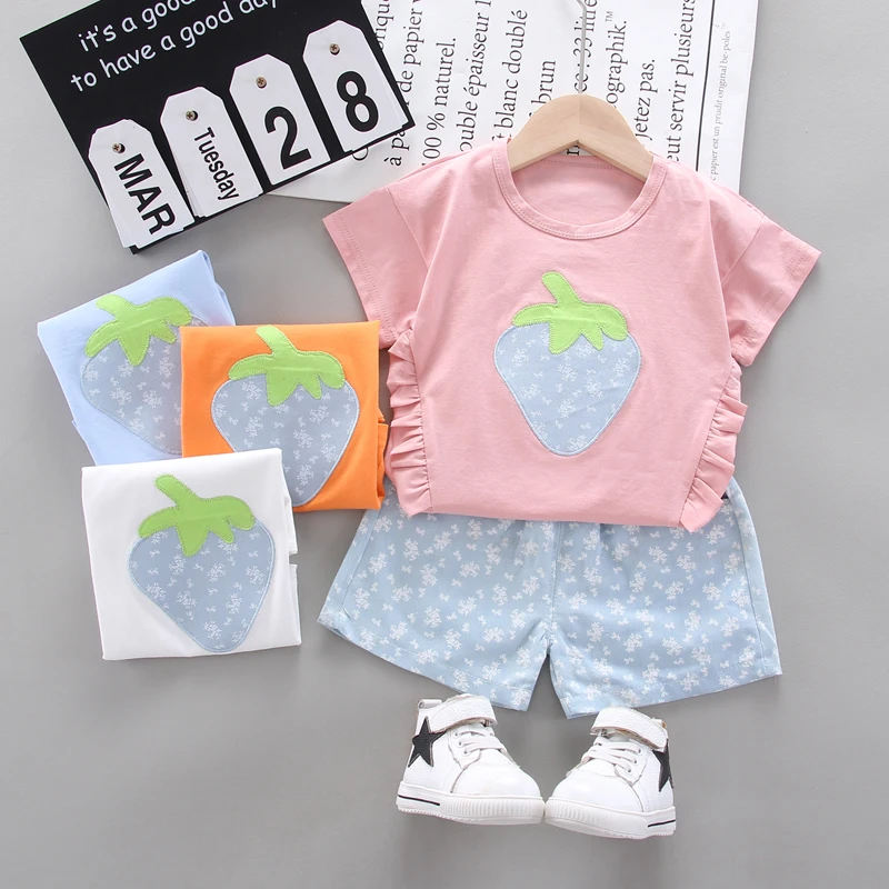 

Casual 2021 Summer Baby Clothes Toddler Boys/Girls Clothing Set Newborn Gentleman Suit Kids Cartoon strawberry TShirt+Shorts 2pc