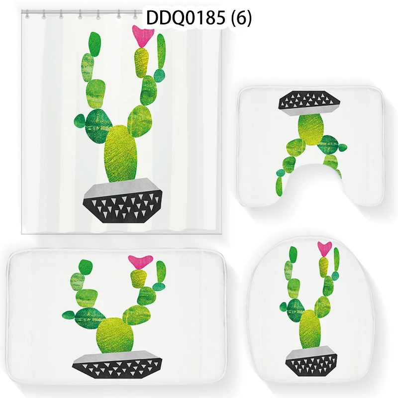 

Cactus 4pcs/set Shower Curtain Bath Set Bathroom Curtains Waterproof Non Slip Toilet Lid Cover Rug Bathtub Screen Home Decor