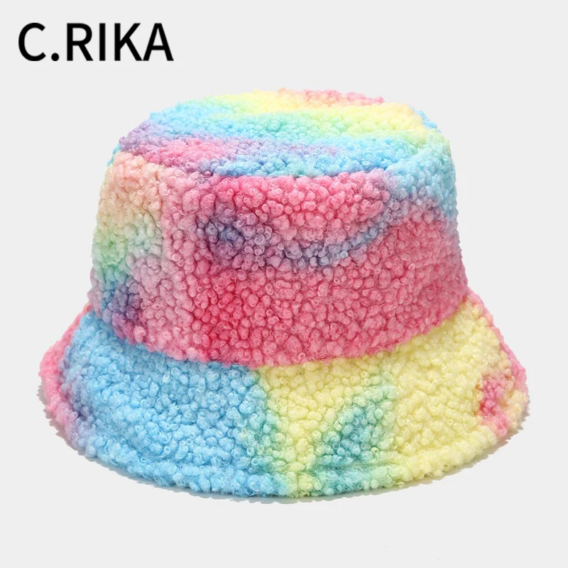 

Ins Tie Dye Lambswool Womens Winter Bucket Hats Bob Thick Warm Lady Girls Fashion Panama Outdoor Travel Fisherman Hat Basin Cap