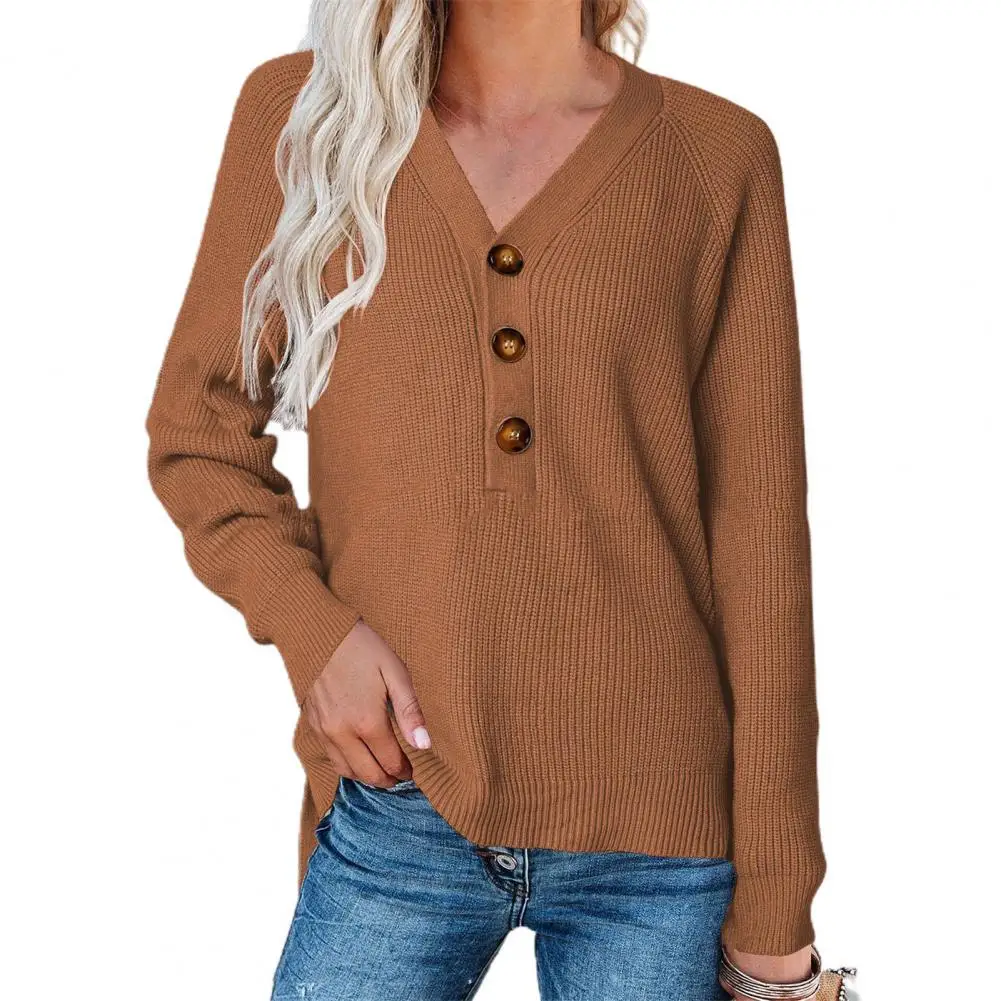 

Women Knitted Sweater Elegant Solid Color Knitted V Neck Long Sleeves Half Single-breasted Autumn Sweater for Ladies Female Top