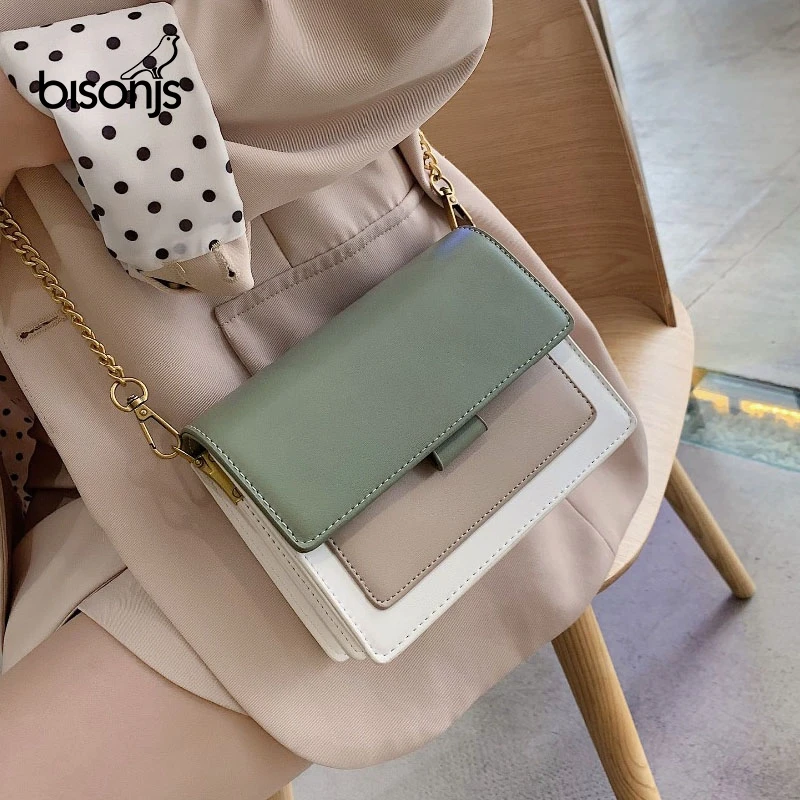 BISONJS мини кожаная сумка через плечо для женщин 2020 зеленый цепи простая женские