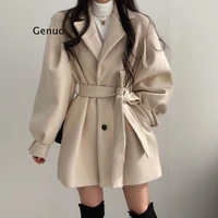 women solid wool blend coat slim fit belt coats female warm plus cotton thicker v neck office lady elegant trendy button outwear