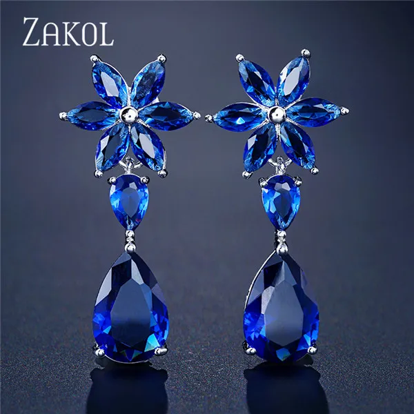 Blue ZAKOL роскошные длинные висячие серьги в форме капли воды с кубическим цирконием для элегантных женщин свадебные ювелирные изделия платье FSEP2291 - Окраска металла: Blue