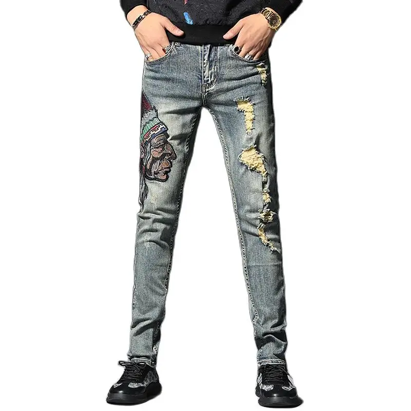 

Korean Fashion Men Brand Chiefs Head Embroidered Jeans Spring Trend Ethnic Style Slim Fit Distressed Ripped Pants Man