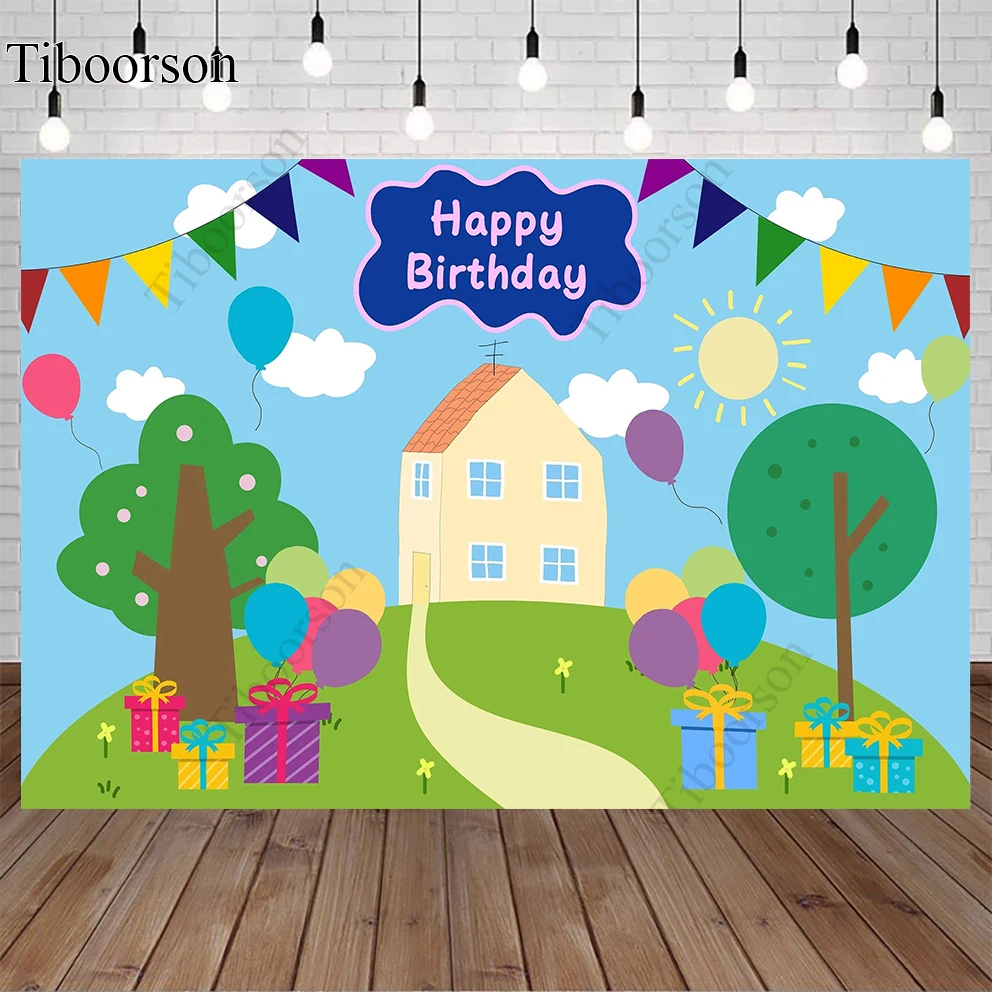 Photography Background Pink Cartoon Pig House Kids Bithday Party Backdrop Spring Sky Clouds Tree Balloons Baby Shower Photocall