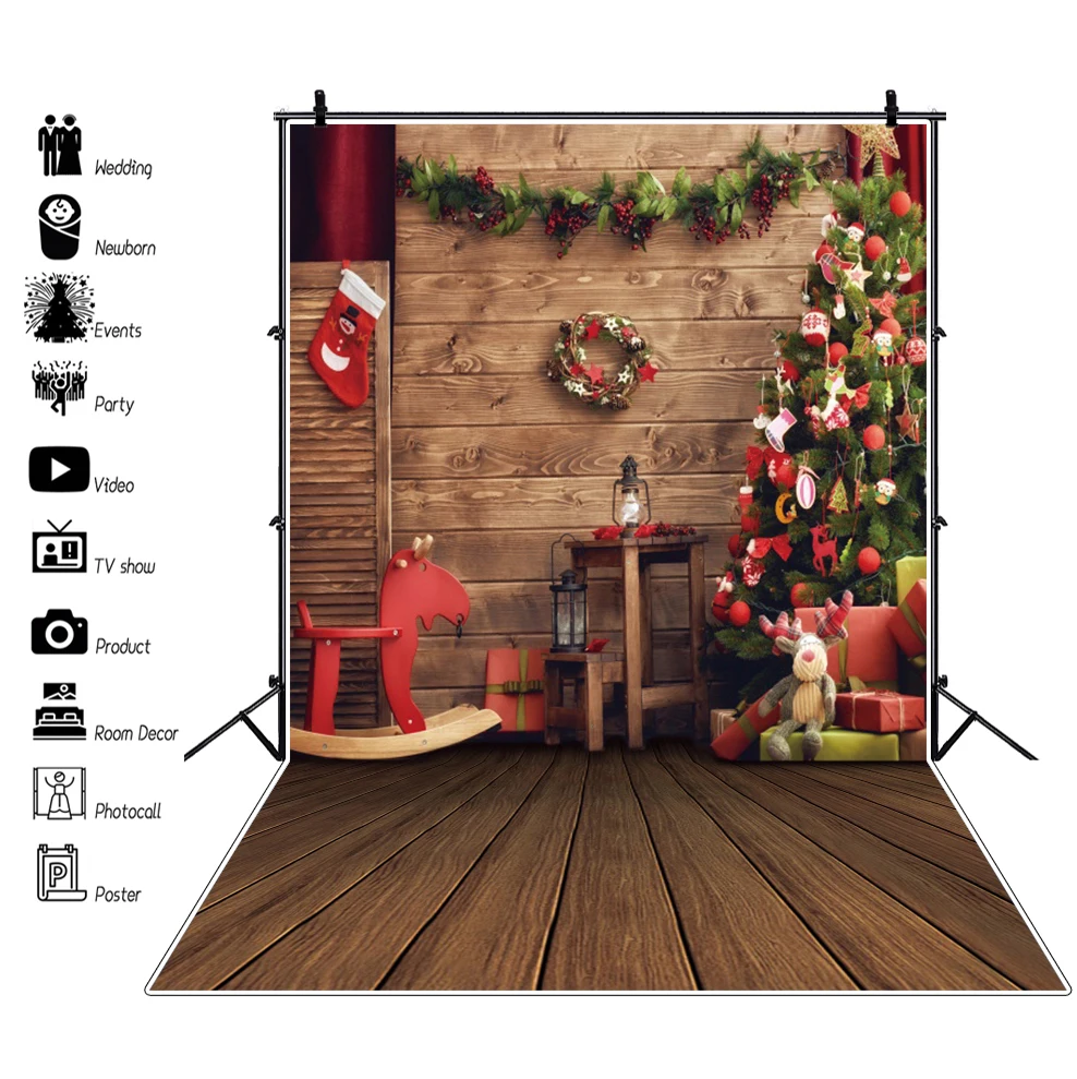 

Виниловый фон для студийной фотосъемки с изображением деревянного пола рождественской елки венка ребенка новорожденного