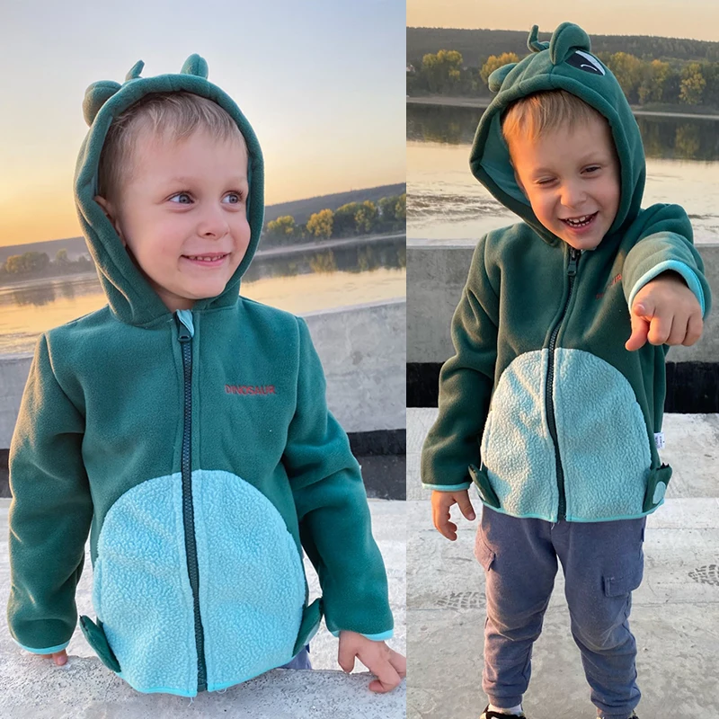 Куртка детская флисовая двусторонняя с динозавром на осень-зиму От 0 до 5 лет