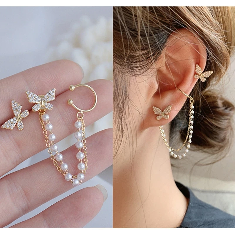 

Korean Elegant Cute Rhinestone Butterfly Stud Earrings For Women Girls Fashion Metal Chain Boucle D'oreille Jewelry Gifts